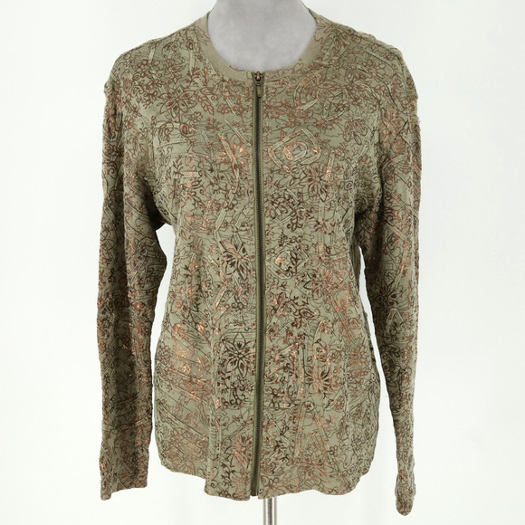 Chicos Sweater 1 Womens Medium 8 Green Full Zip Copper Metallic Stretch Knit - Picture 3 of 16